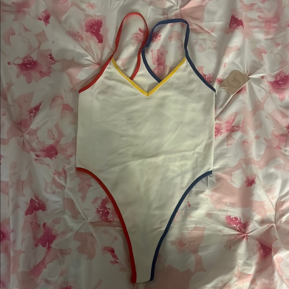 White and Red Asymmetrical Bodysuit